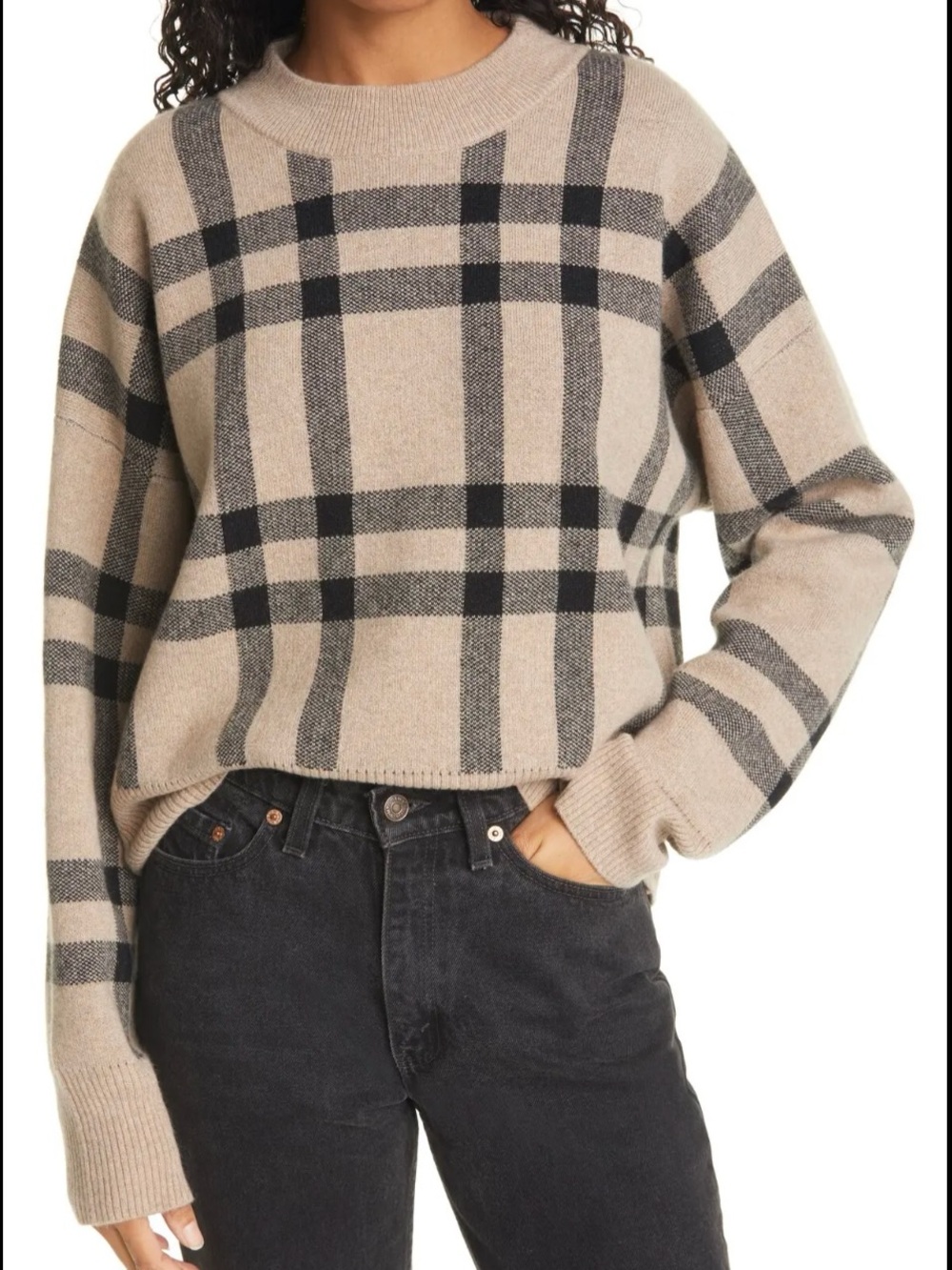La Ligne 100% Cashmere Plaid Boxy Sweater Tan Black S